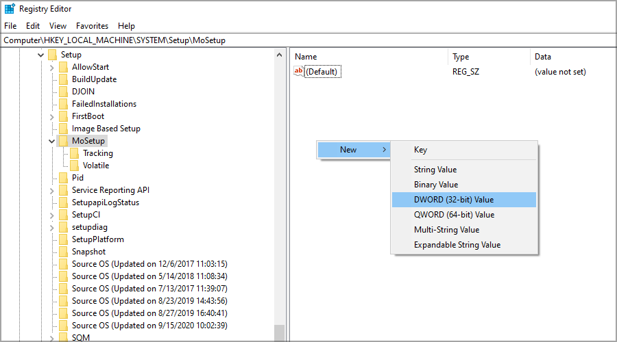 value registry settings