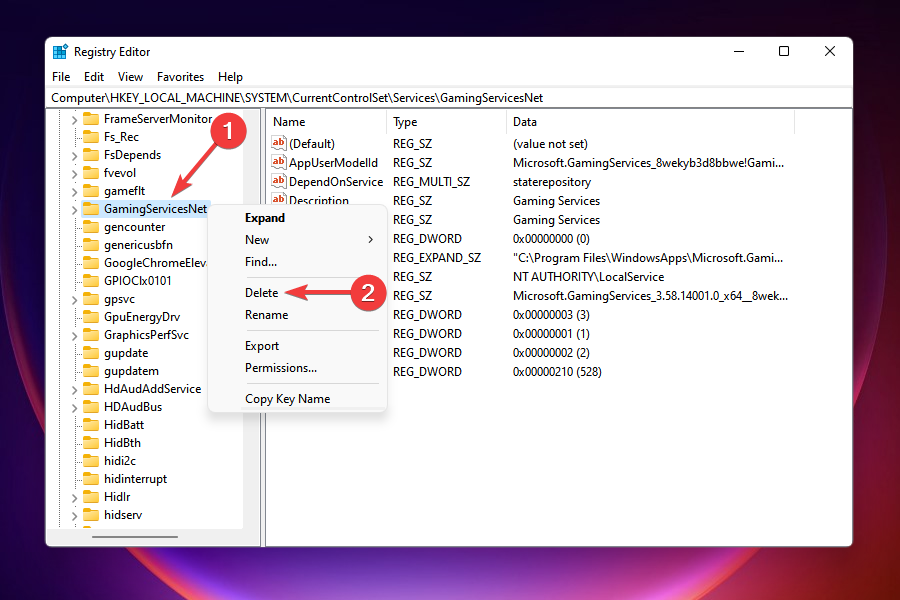 delete in registry