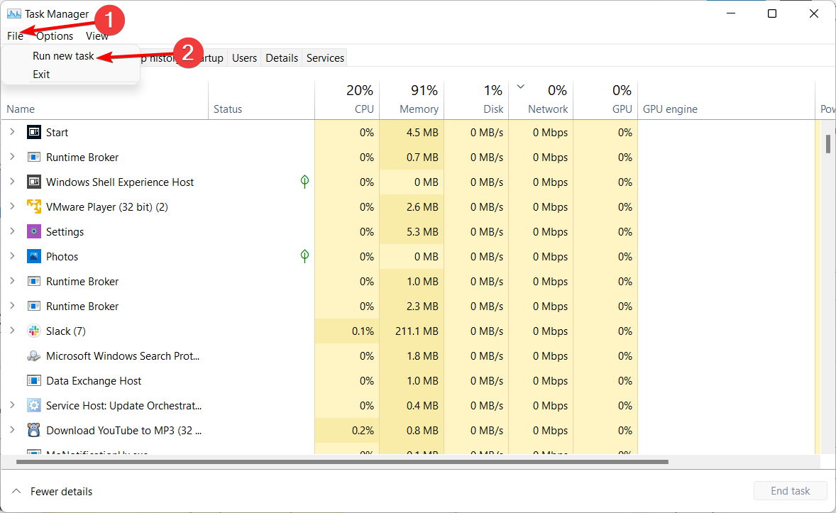 run-new-task windows 11 taskbar empty