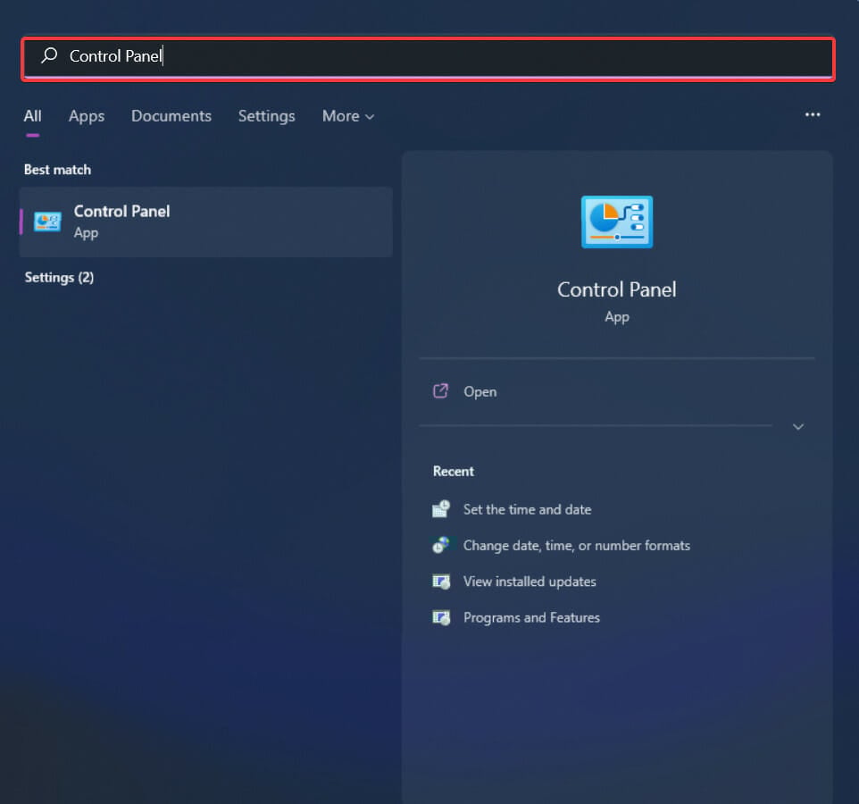 search for control panel