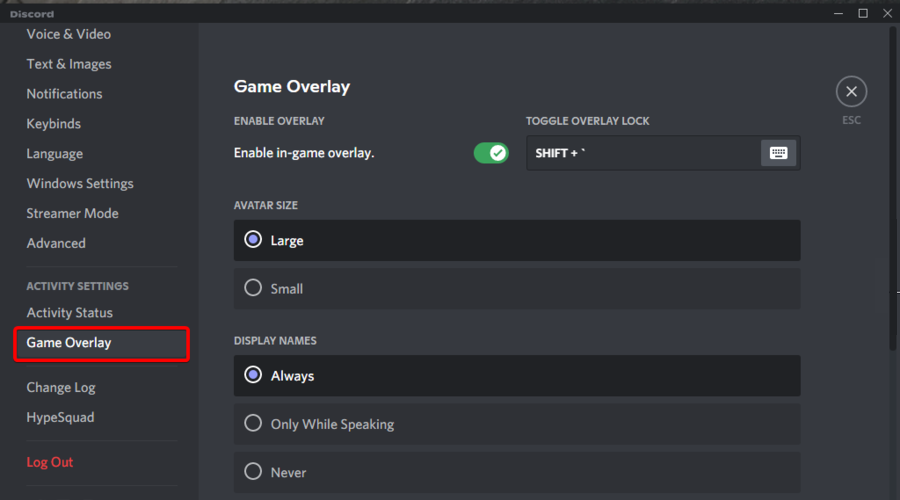 game overlay discord settings