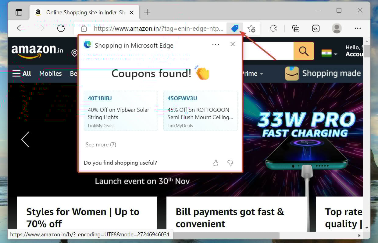 Coupons in Microsoft Edge in Windows 11