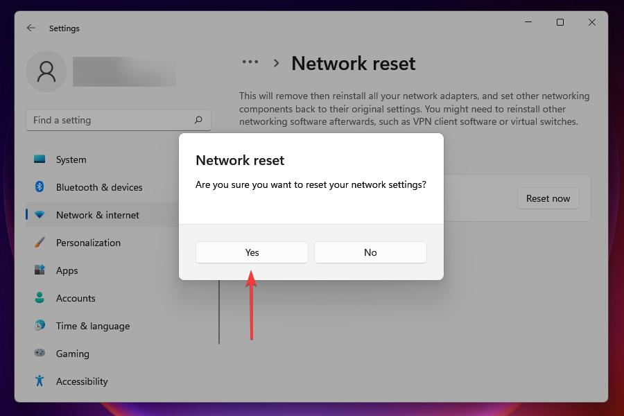 Confirm network reset