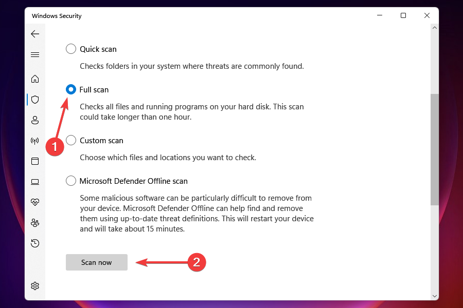Run full scan to fix mouse and keyboard not working in windows 11
