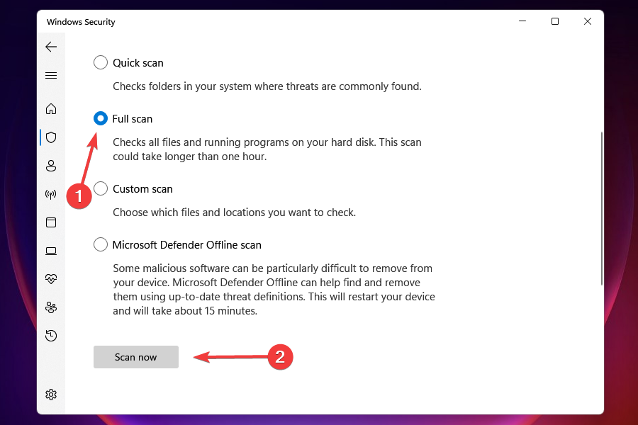 Run Full Scan to fix random restart in Windows 11