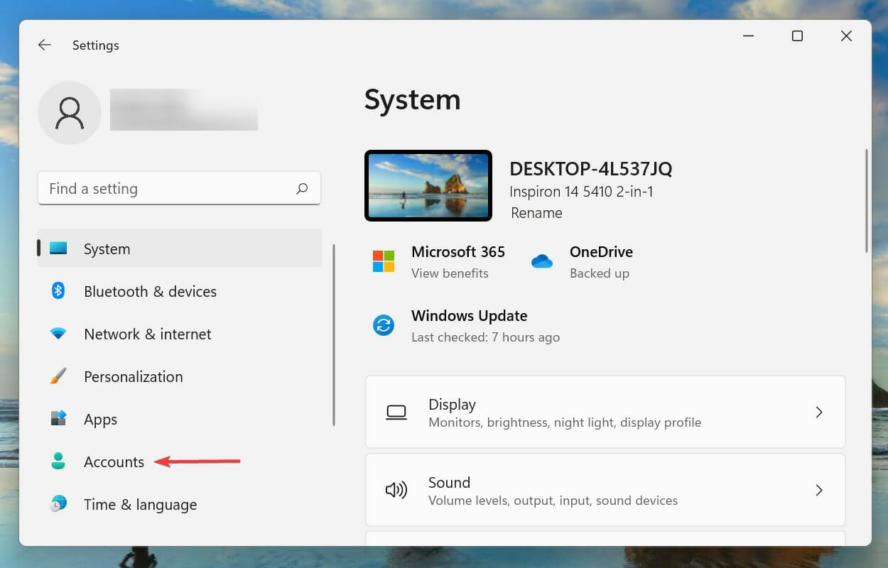 Seleccione Cuentas para eliminar el pin en Windows 11
