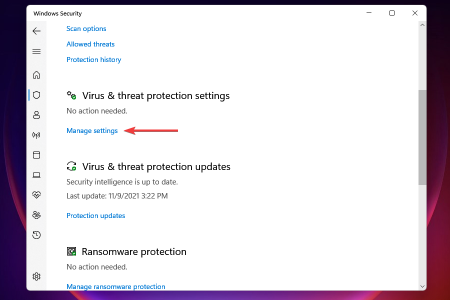 Manage settings