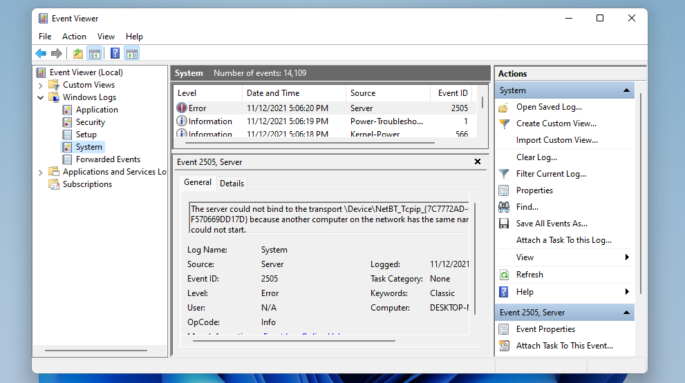 Event Viewer window unexpected_kernel_mode_trap windows 11