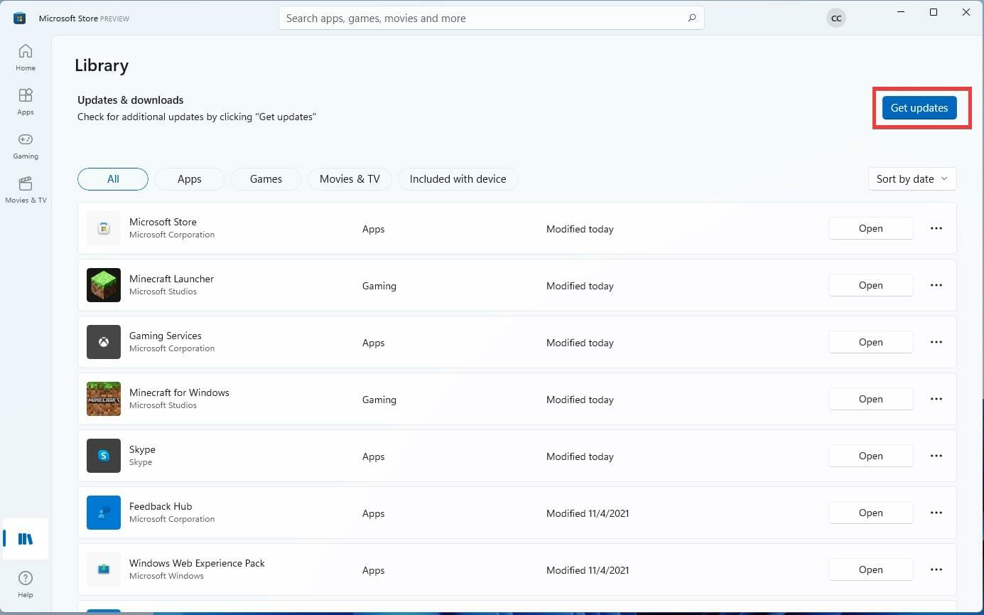 get updates button in microsoft store