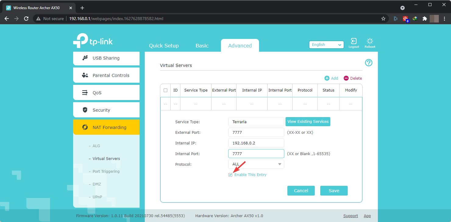 checking enable this entry tp link virtual server