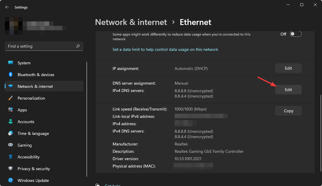 clicking edit dns win11