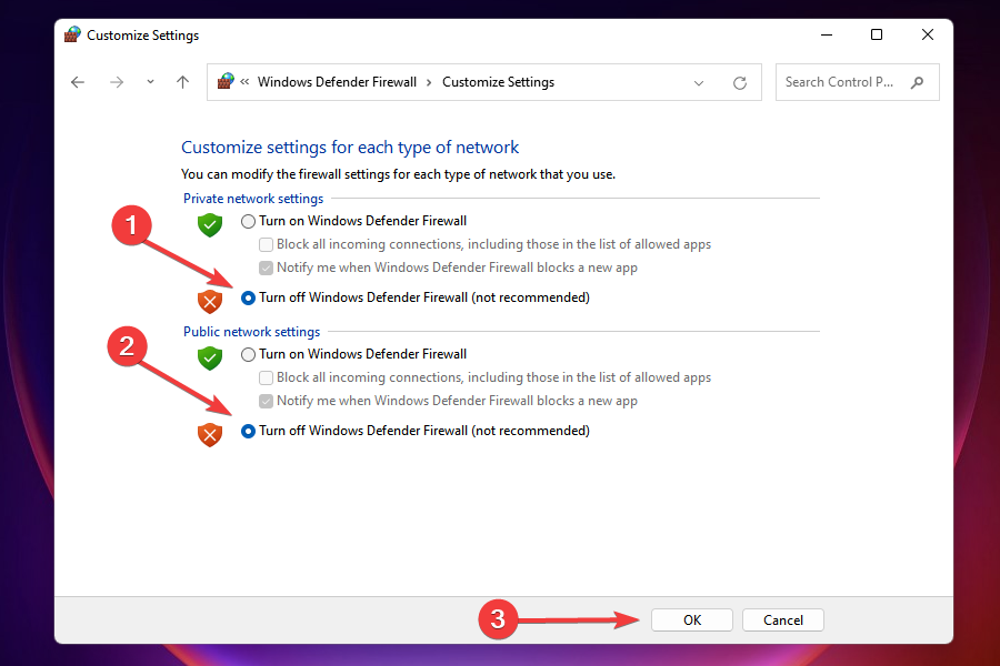 Dezactivați firewall-ul atât pentru rețelele publice, cât și pentru cele private