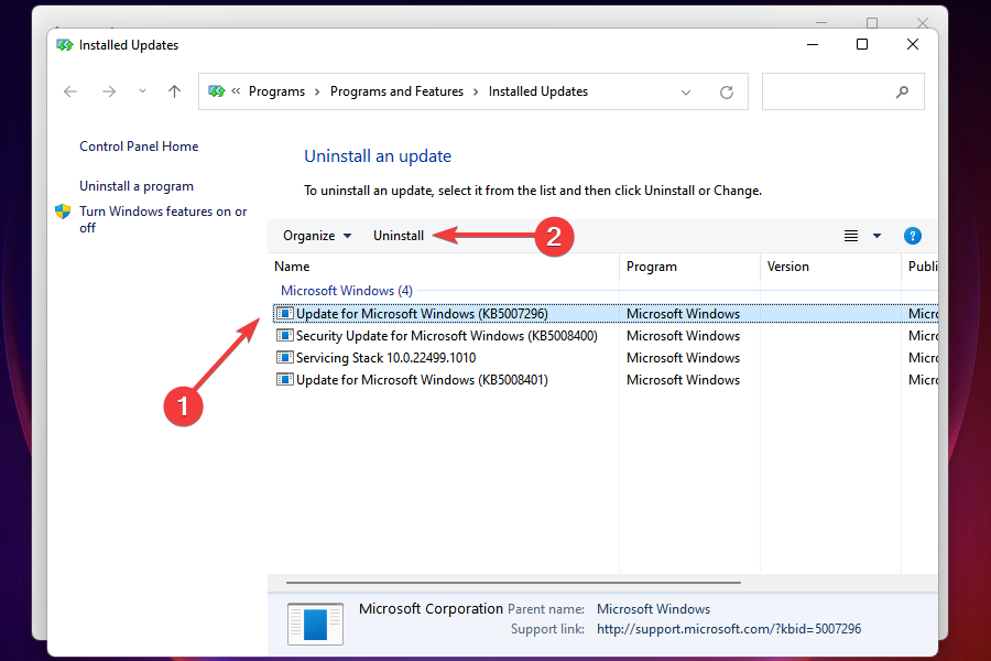 Select the update to remove to fix the mouse and keyboard not working in Windows 11 issue