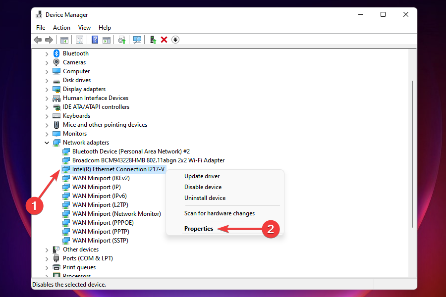 Ethernet adapter properties
