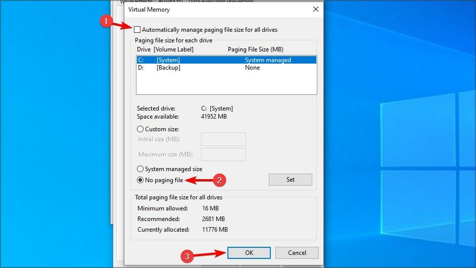 automatically manage paging file for all drives disable