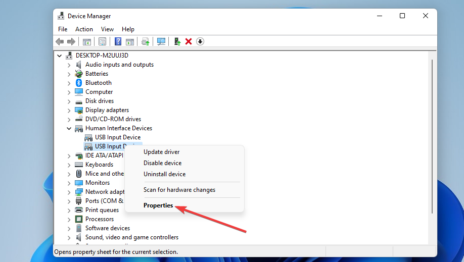 The Properties option Windows 11 touch screen not working