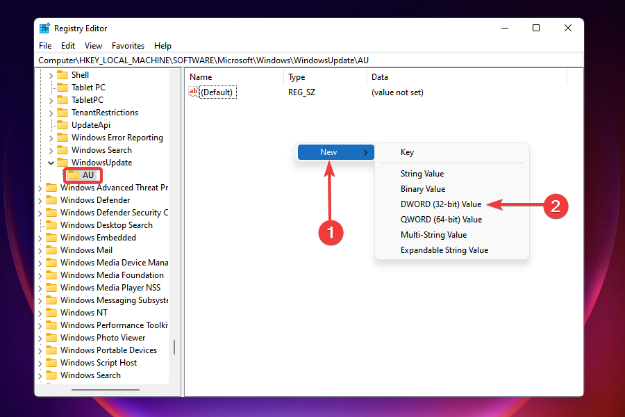 Create DWORD (32-bit Value) to fix random restart in Windows 11