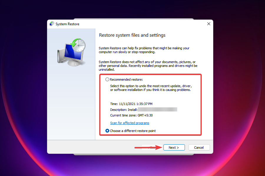 Choose a restore point