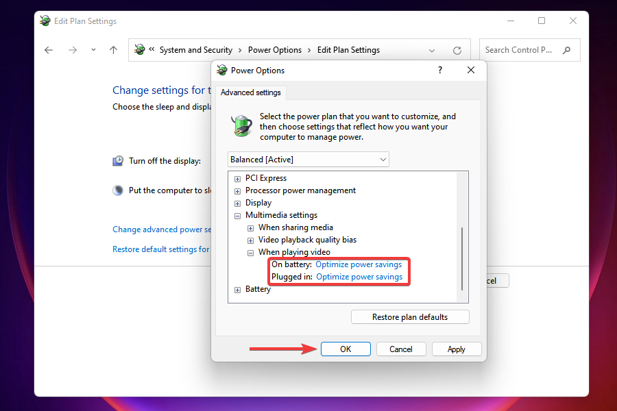 Set optimize power savings for both