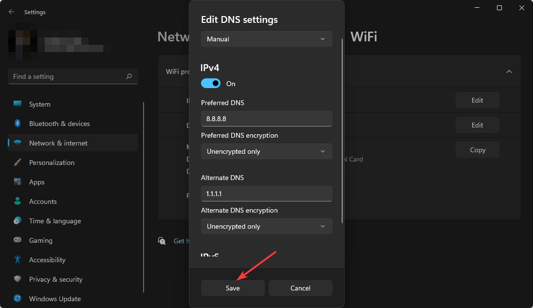 saving dns settings win11