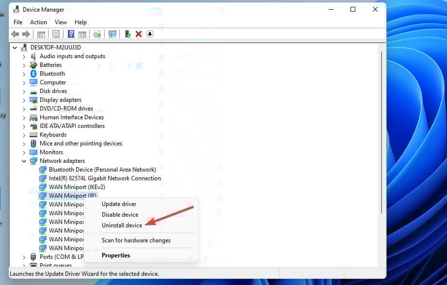 The Uninstall device option windows 11 vpn not working