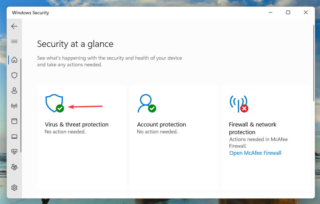 Protezione da virus e minacce per correggere il codice di errore di Windows 11 0x8000ffff