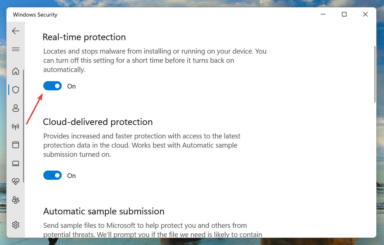 Disabilita la protezione in tempo reale per correggere il codice di errore di Windows 11 0x8000ffff