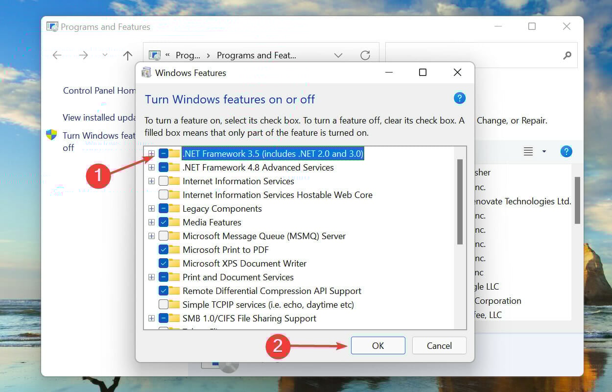 selezionare .NET Framework 3.5 (include .NET 2.0 e 3.0) per correggere l'errore di installazione di Windows 11 - 0x800f0831