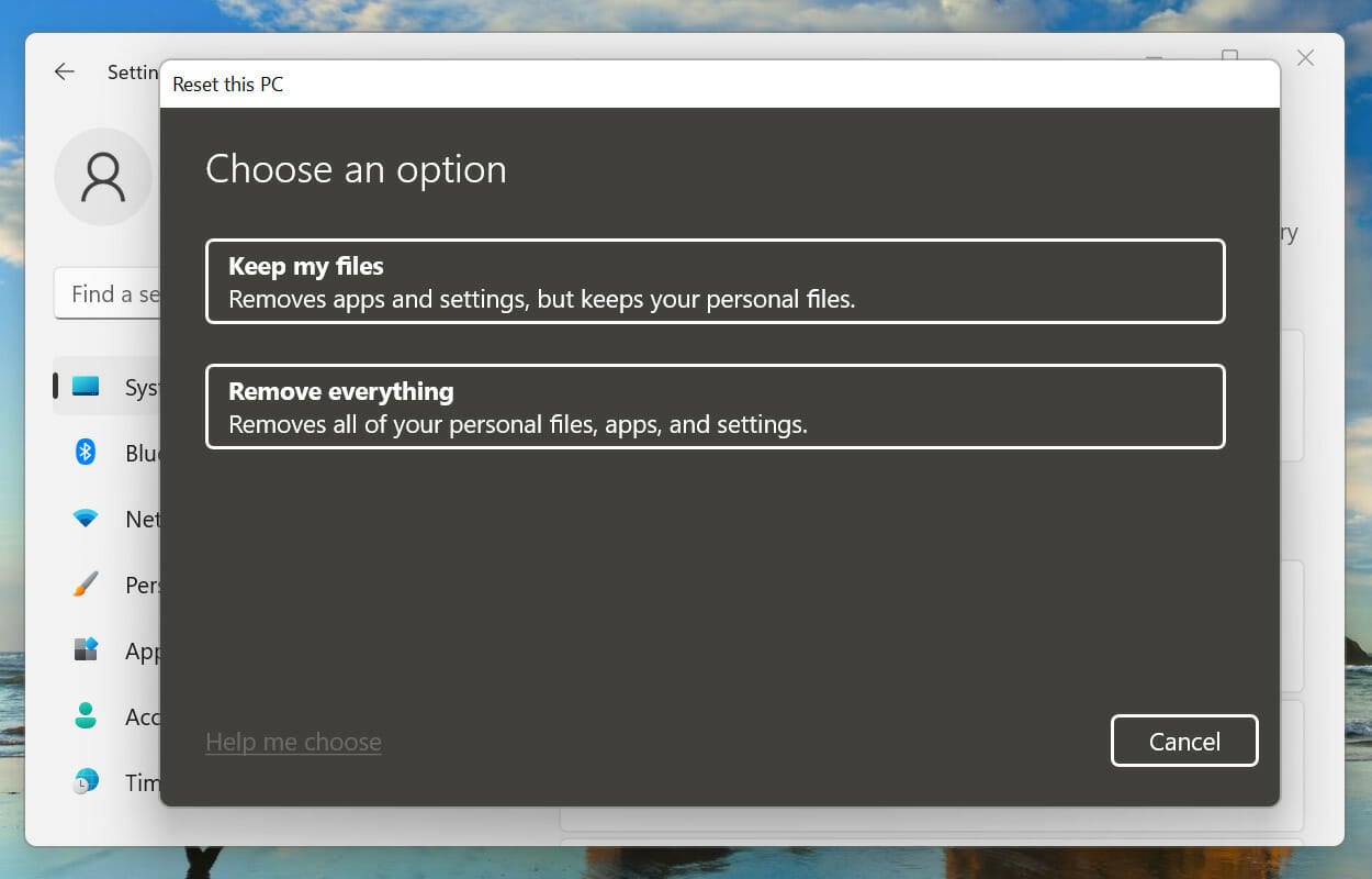 Reset Windows 11 to fix install error 0x8007012a