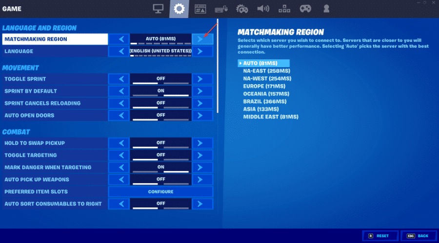 changing matchmaking region fortnite