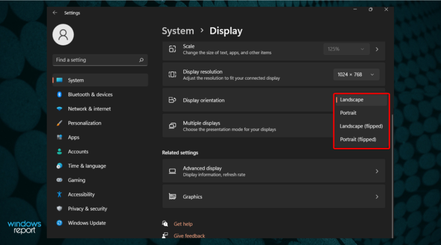 click on the button next to display orientation