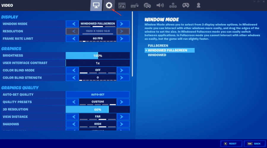click on gear icon tab fortnite