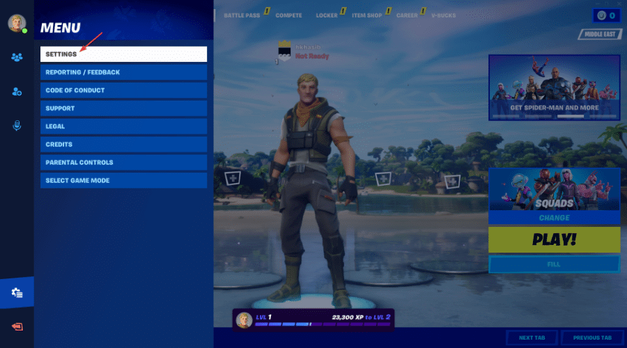 click on settings fortnite