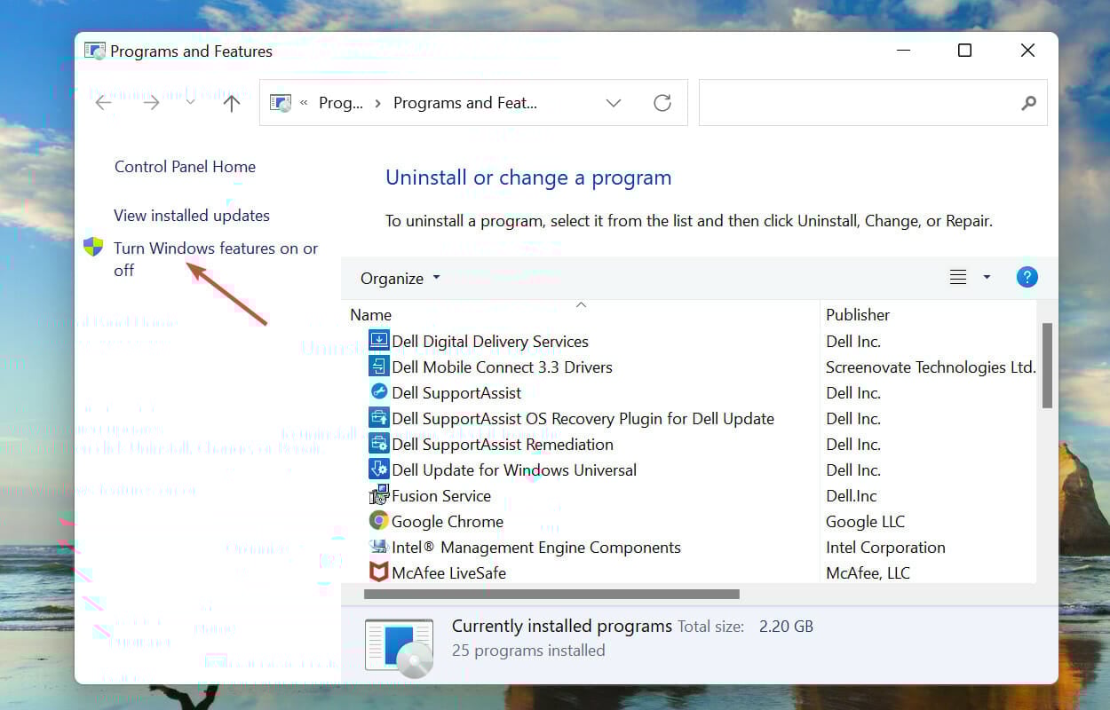 Attiva o disattiva le caratteristiche di Windows
