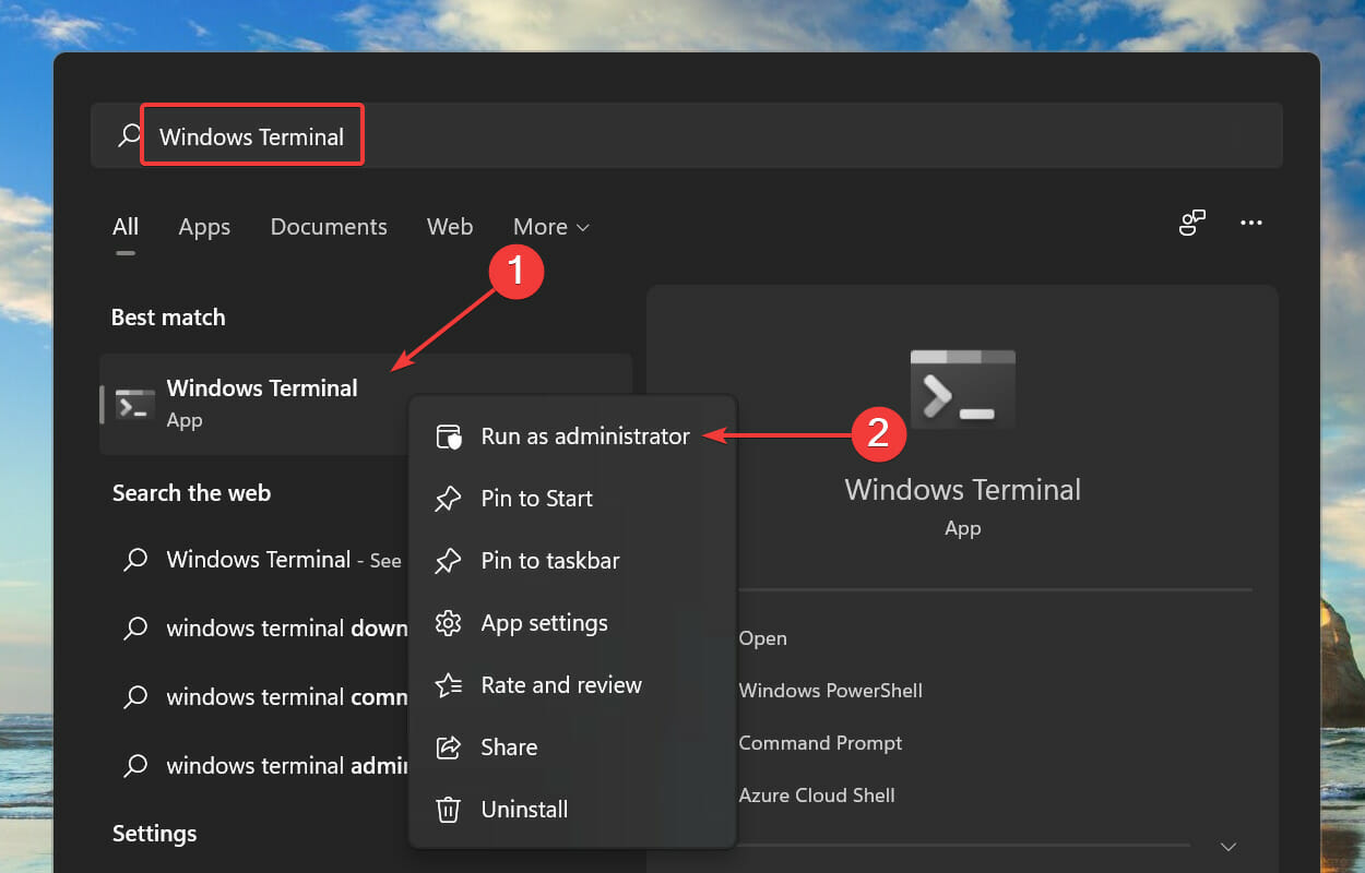 Launch elevated Windows Terminal to fix install error 0x8007012a