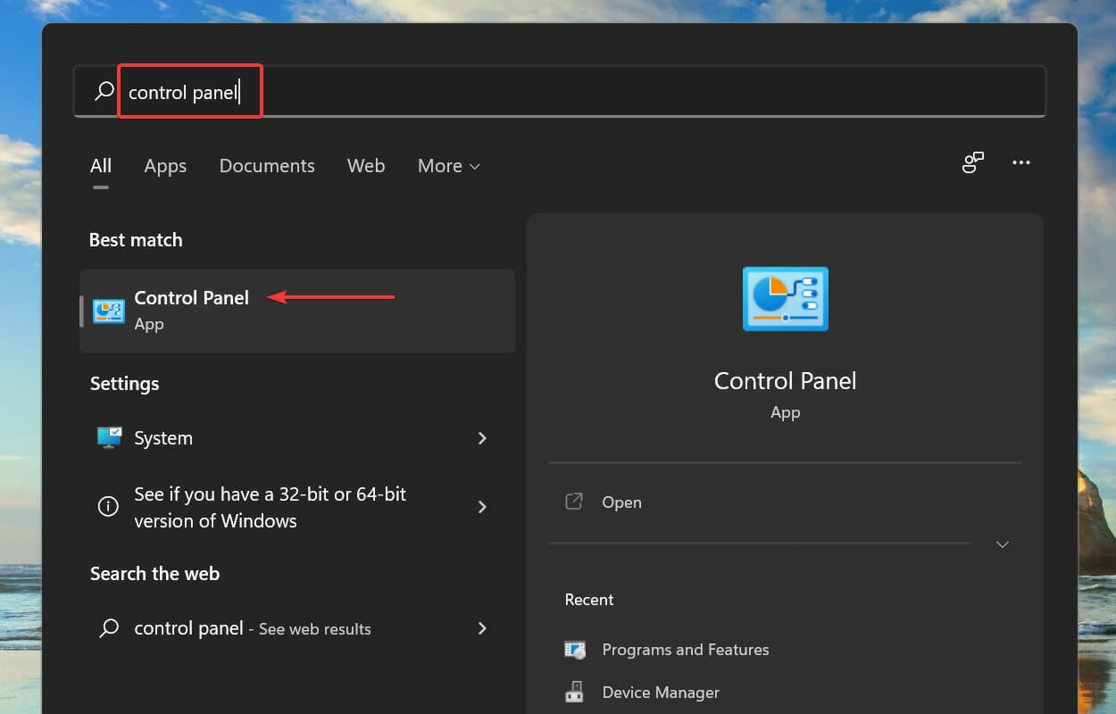 Launch Control Panel to turn off password protected sharing in Windows 11