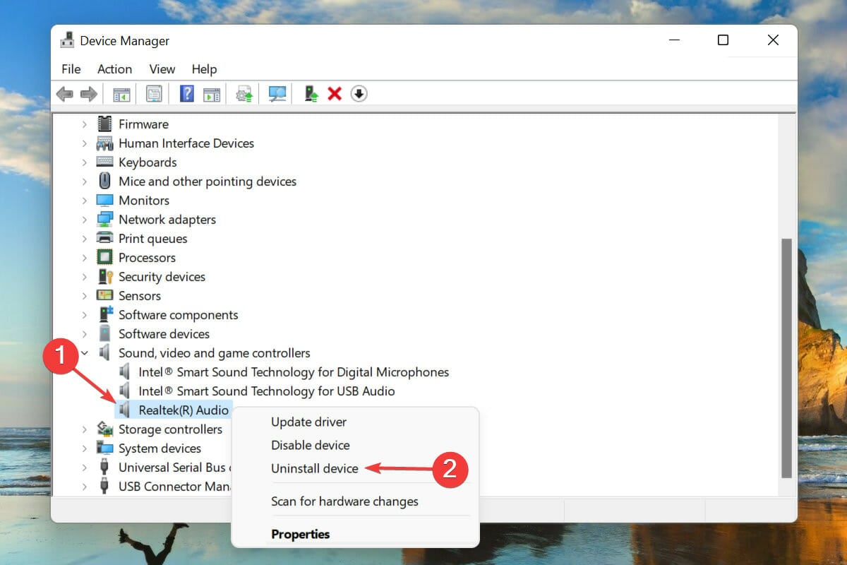 Uninstall device to reinstall the audio driver in windows 11