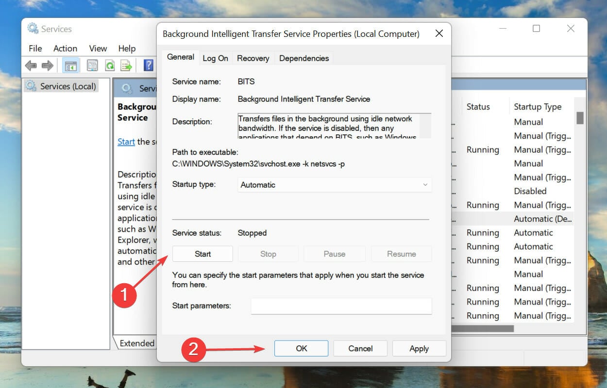 Run BITS to fix install error 0x8007012a