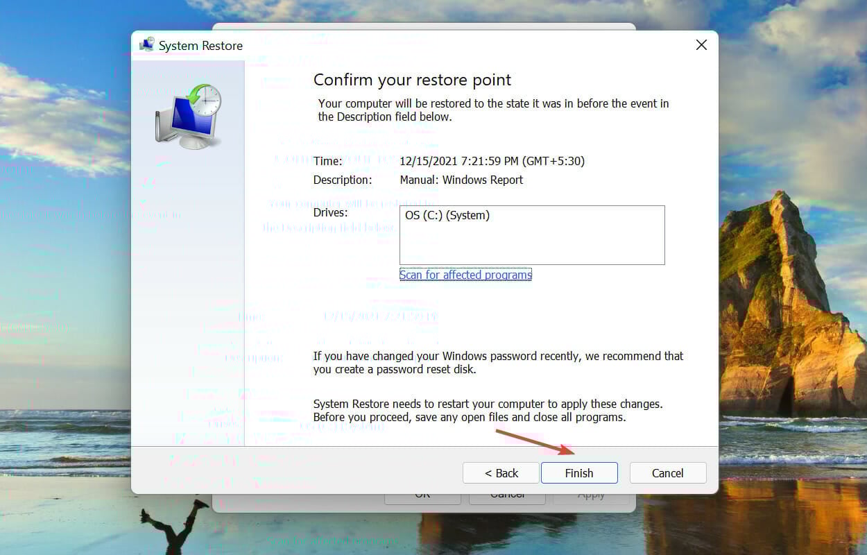 Start system restore process to fix installer encountered an error 0x800f0905