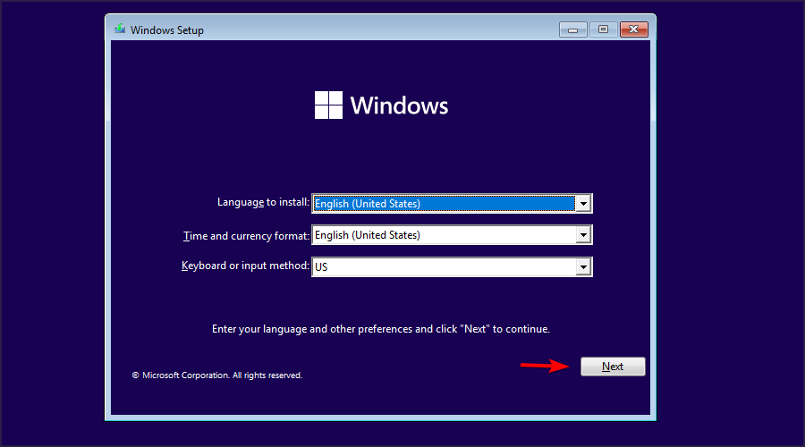 Enter installation setup to fix Windows 11 black screen with cursor issue