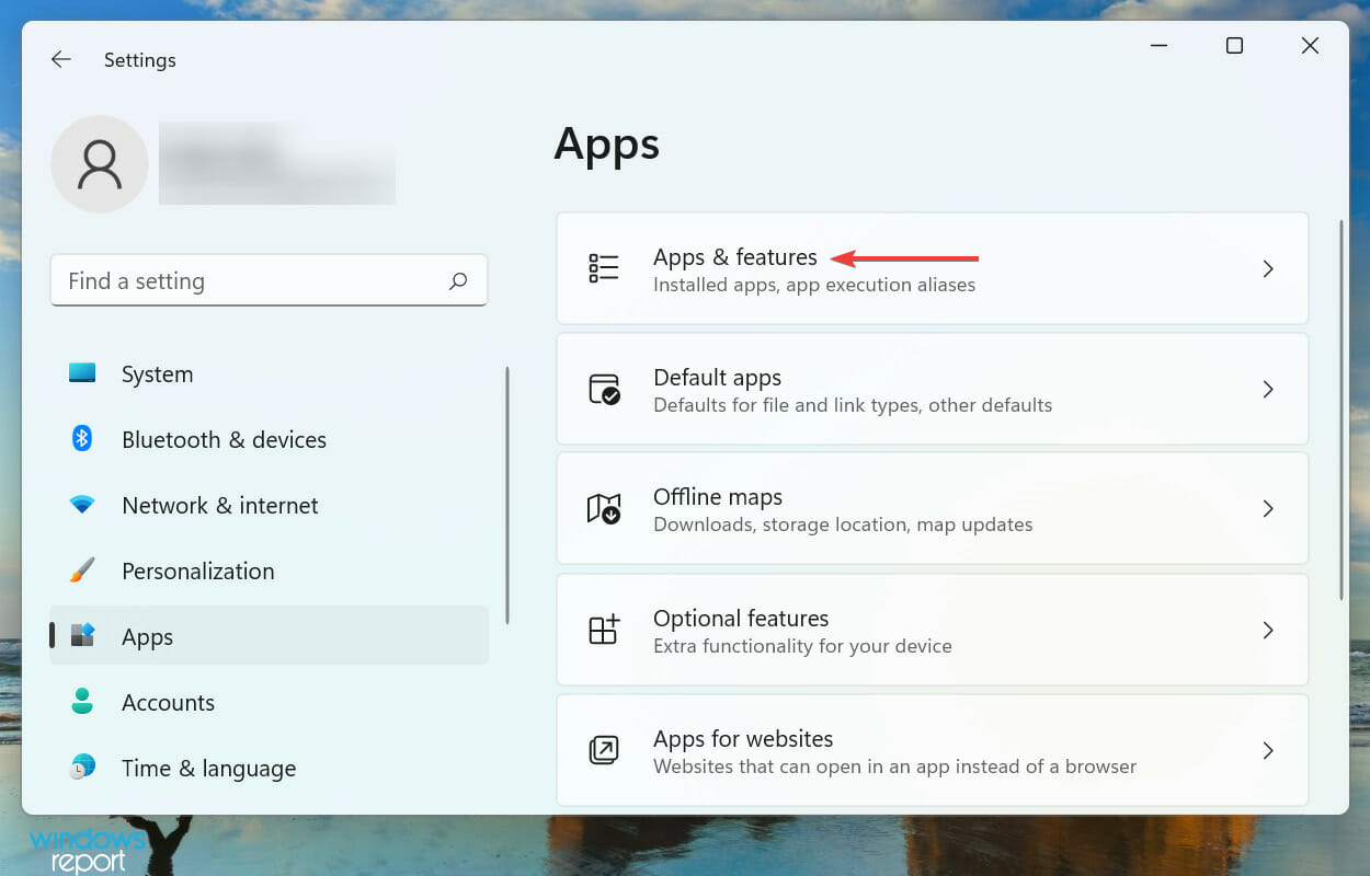 select Apps and features to fix runtime error windows 11