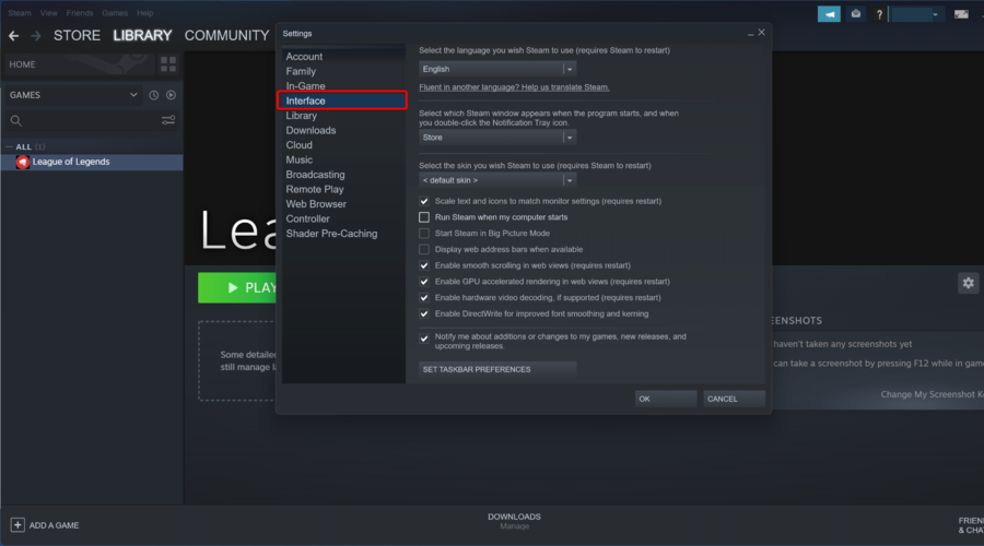 interface tab steam