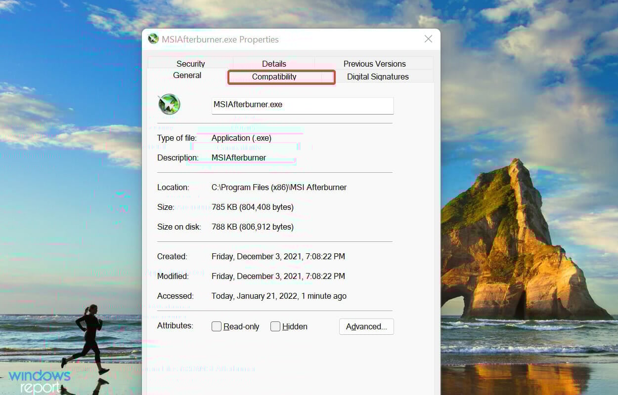 Compatibility tab to fix msi afterburner not working windows 11