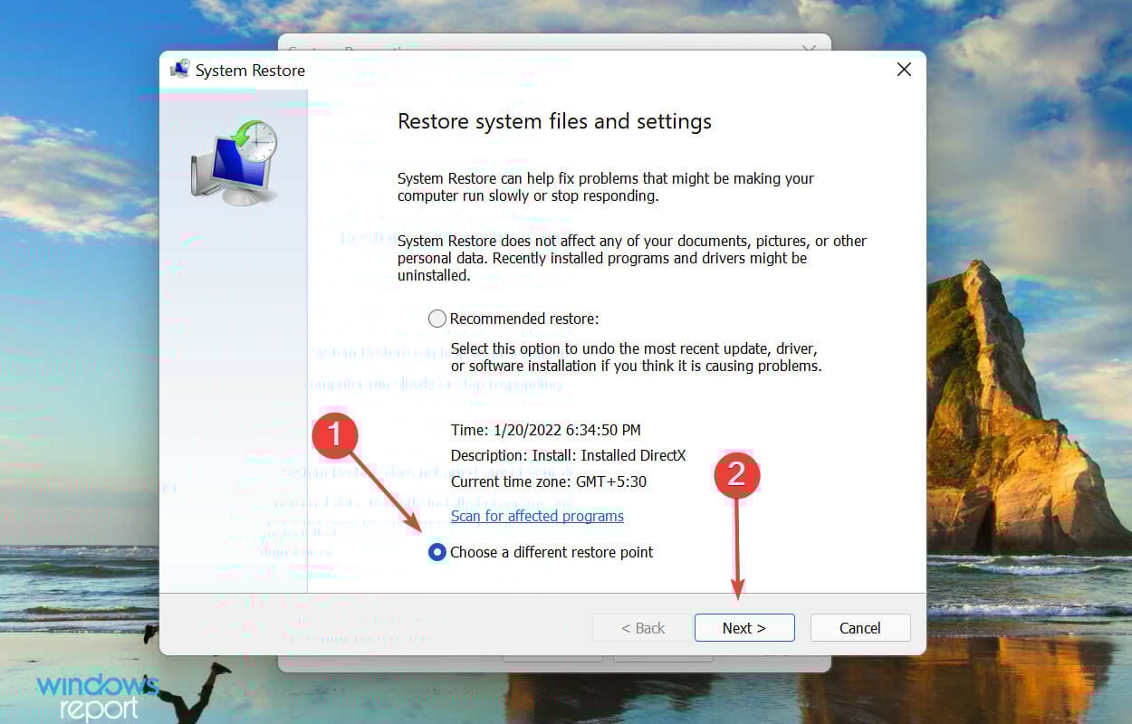 Choose a different restore point to fix runtime error windows 11