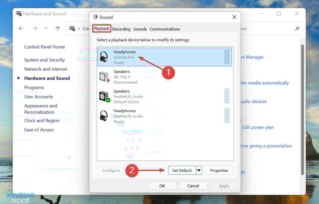 Set default device to fix airpods not working windows 11