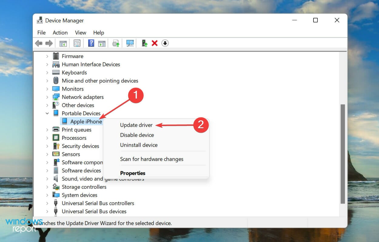 Update driver to fix windows 11 not recognizing iphone
