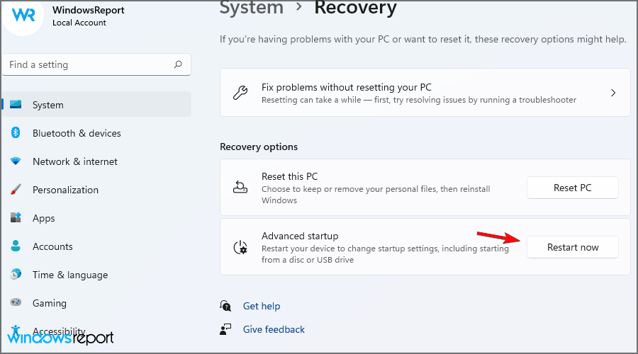 advanced startup settings w11