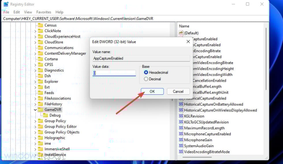 Edit DWORD window for appcapturedenabled disable dvr windows 11