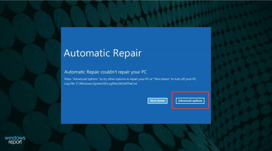 Select Advanced options to fix srttrail.txt in windows 11