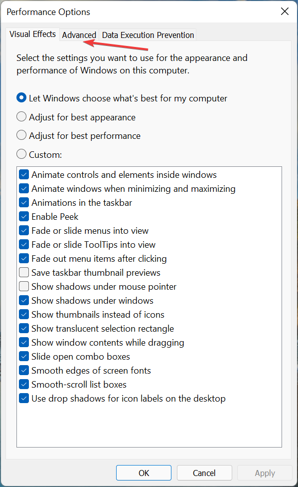 Advanced to increase virtual memory in Windows 11